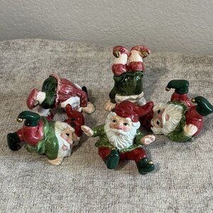 Tumbling Elves Set of 5 Santa Figurines Christmas Ceramic Decor Fitz & Floyd